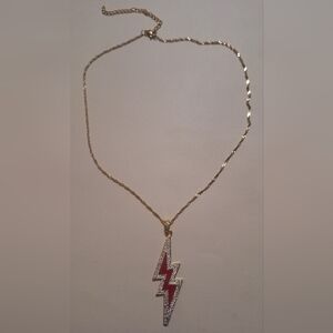 Oak & Ivy Boutique Gold Tone Red w/Rhinestones lightning bolt Necklace 17.75-21"